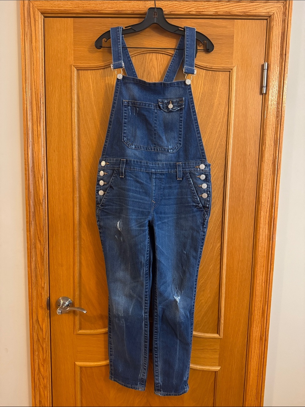 True Religion Women’s Denim Overalls Size L Boyfriend Distressed with Flaps